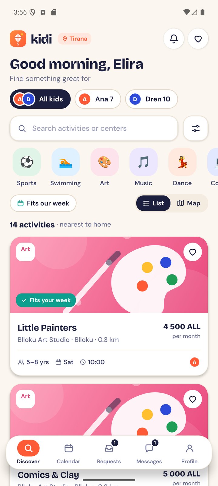 Discover screen with kid selector, search, categories and activity cards