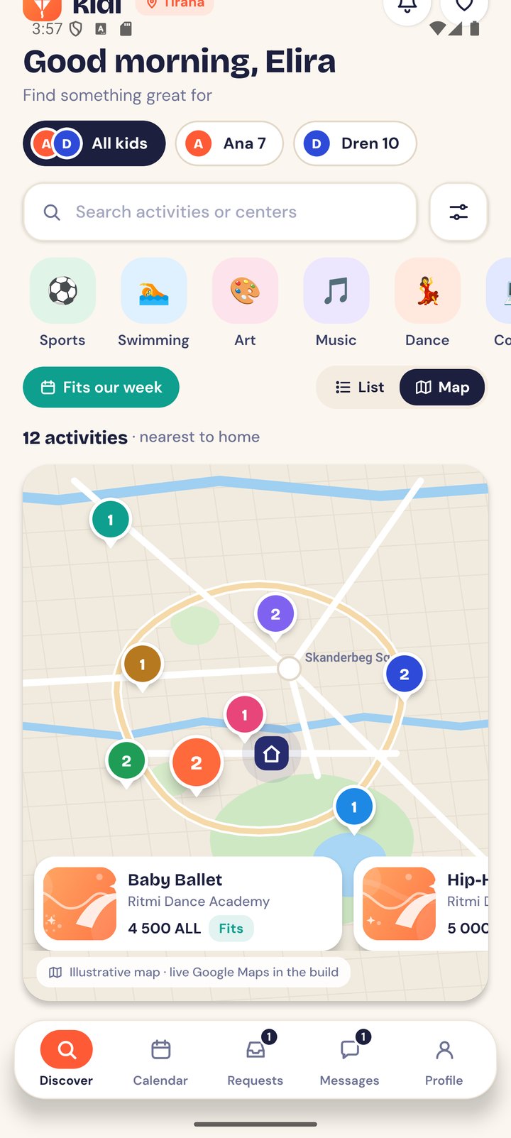 Map view of Tirana with activity pins