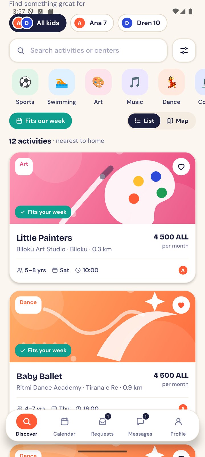 Results filtered to activities that fit the family week