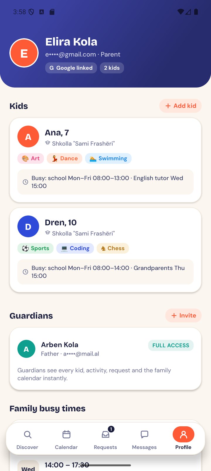 Parent profile with kids, guardians and busy times